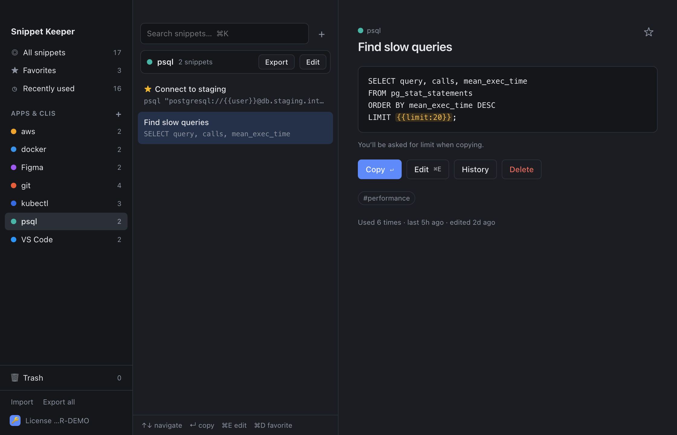 The psql app in Snippet Keeper with a slow-query SQL snippet