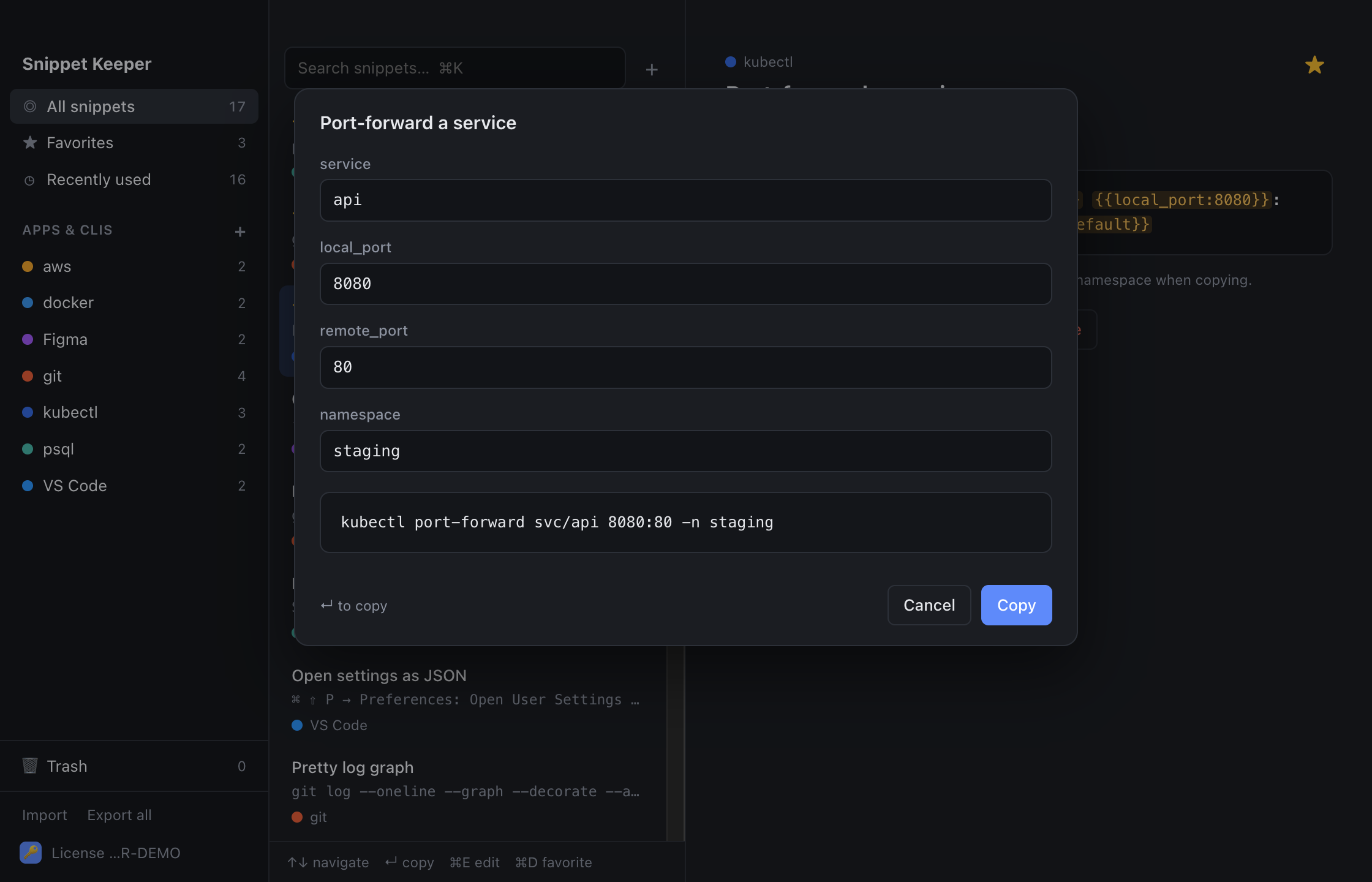 A fill-in form for a kubectl command with a live preview of the result