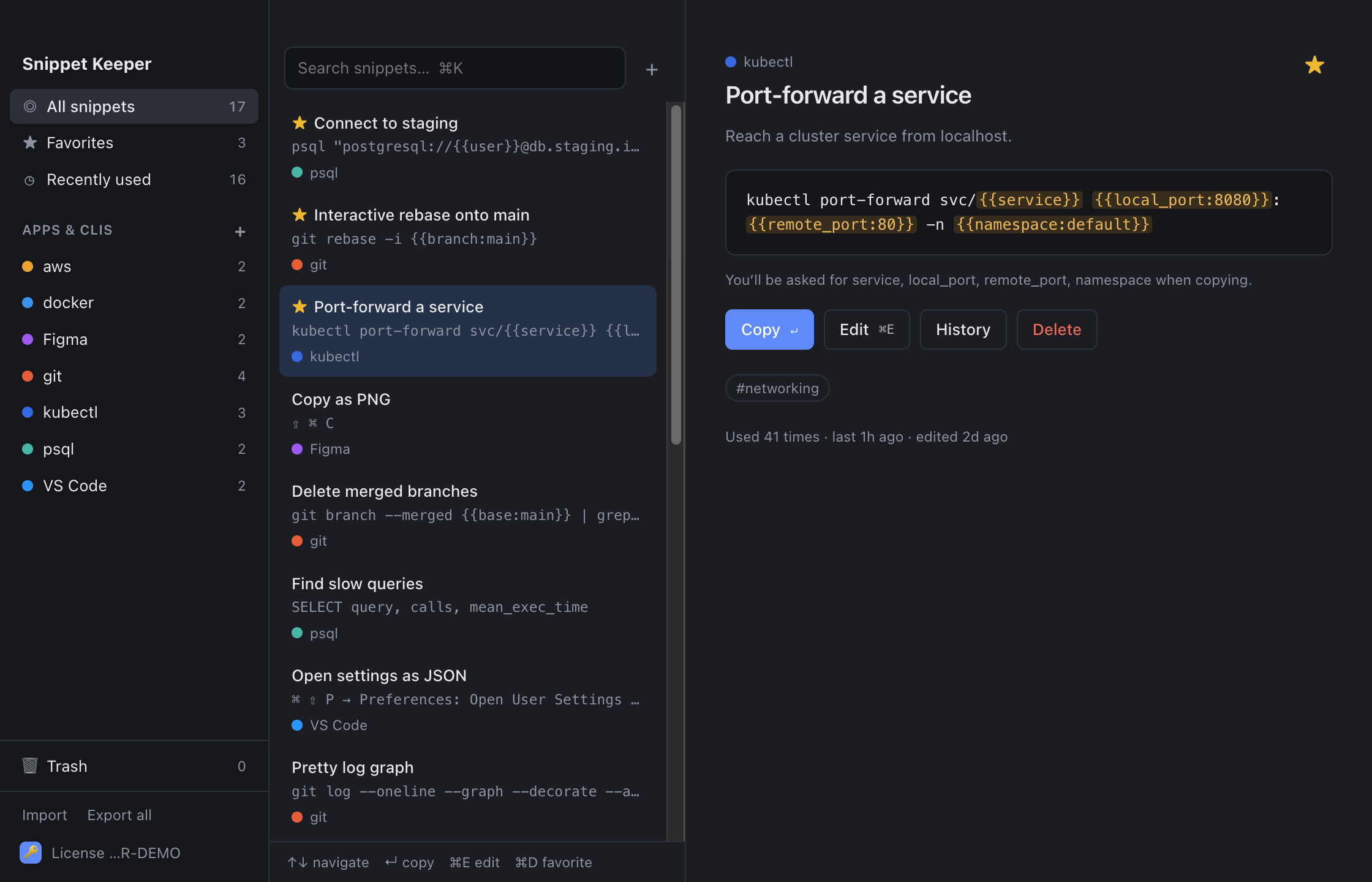 Snippet Keeper showing snippets grouped by app, with a kubectl port-forward command selected
