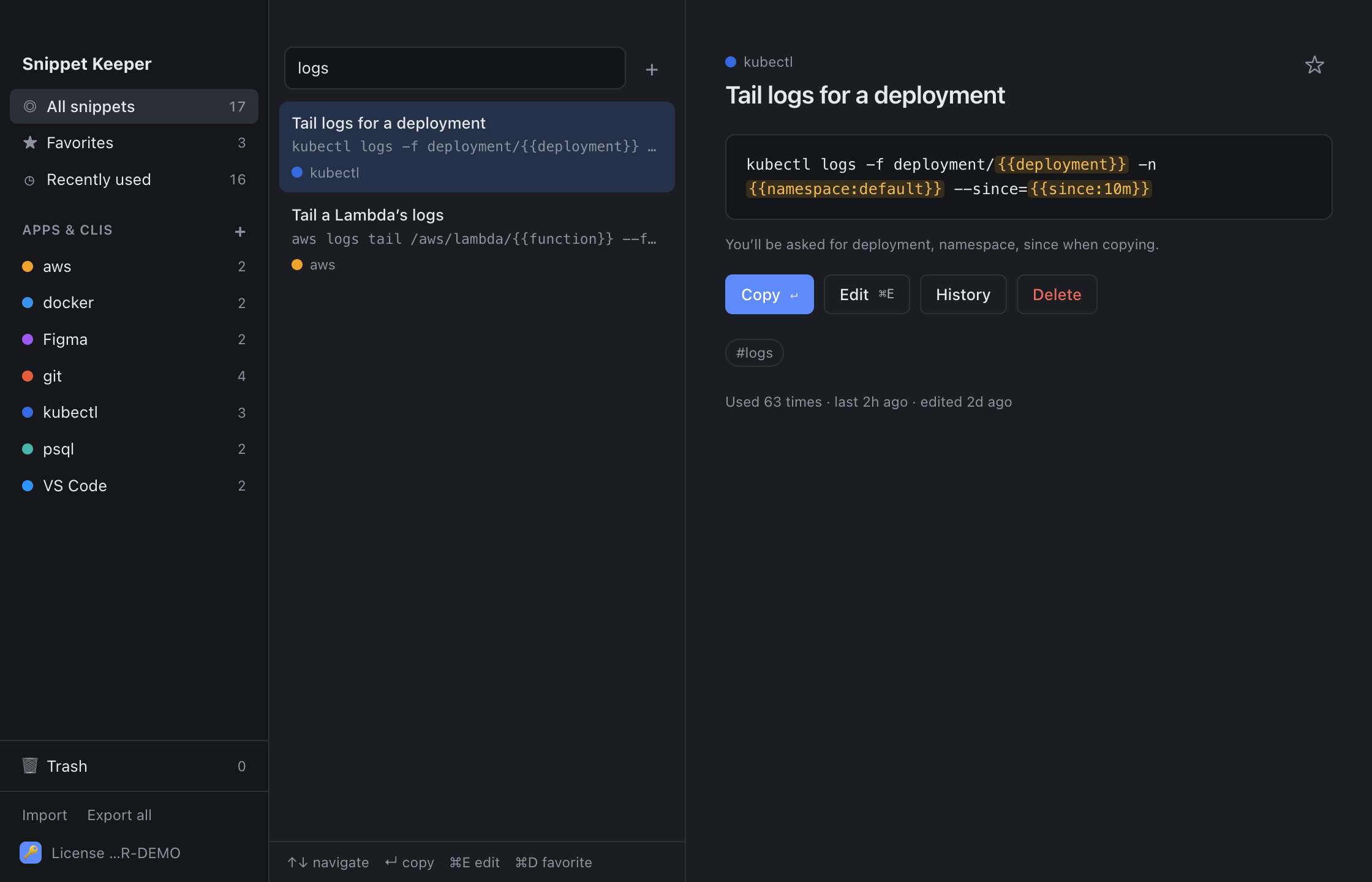 Searching for “logs” across kubectl and aws snippets